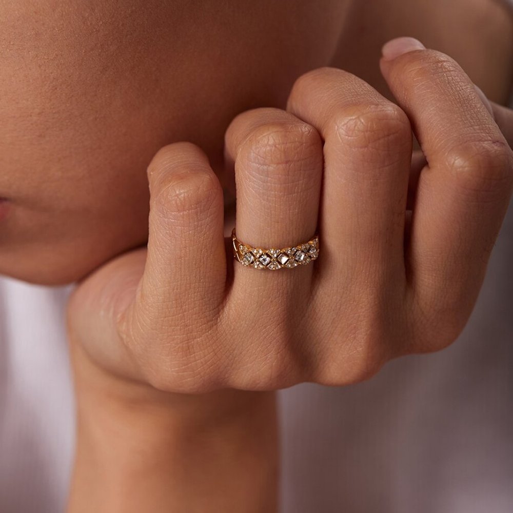 Zircon Lattice Texture Flower Ring 18K Gold Adjustable - Picture 2 of 10